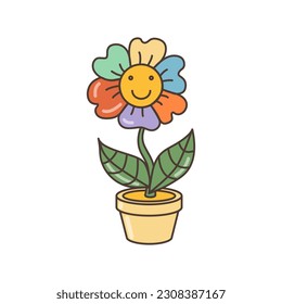 Symbol einer lächelnden mehrfarbigen Gänseblüte in einem Blumentopf. Illustration im Cartoon-Stil. 70er Retro-Clip Art Vektordesign.