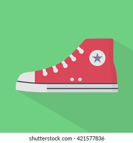 Icon sneaker with white laces. Red gumshoes. Simple, flat style. Graphic vector illustration.