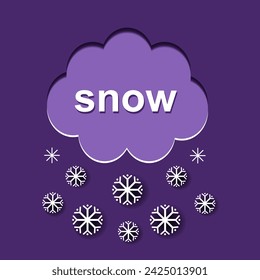 Icon, snow weather card. Cloud and falling snow. Paper cutting style.