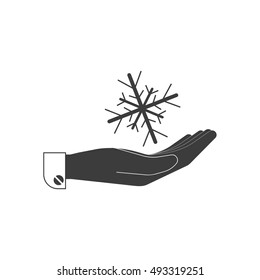 Icon, snowflake on a human hand in black. Stylish vector illustration