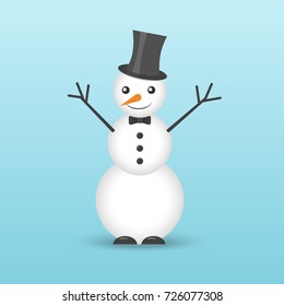 Icon of a snowman in a hat and with a bow tie on a blue background. Design for a postcard, banner, poster. Vector illustration in cartoon style.