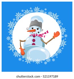 Icon snowman. Jolly Snowman in mittens. Snowman with a bucket on his head. The nose-carrot. Snowflakes in Skoog.