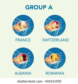 icon of soccer team flag on soccer ball with powerful shooting break through the net, Group A of participating team in football in France on 2016
