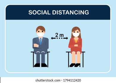 Icon social distancing workplace or restaurant.People sitting when meeting in the office.A man and a woman in medical masks maintain a social distance at work.People sitting in restaurant eating food.