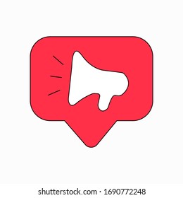 Icon for social networks with a loudspeaker inside on a red background. Stock and vector illustration. You can use the icon for website design and mobile applications.