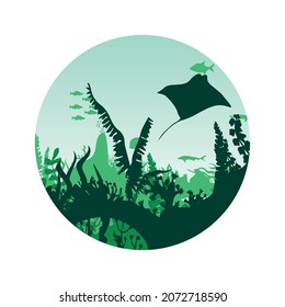icon for social networks, underwater scene with fish and algae on the background of the reefs. Vector template.