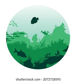 icon for social networks, underwater scene with fish and algae on the background of the reefs. Vector template.