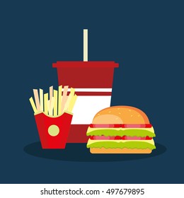 Icon with soda, fries and double hamburger. Vector illustration.