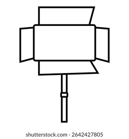 Icon of a softbox studio light with adjustable barn doors on a vertical stand, ideal for photography or video lighting visuals.