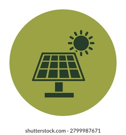 Icon of solar panel with sun on green circle background, symbolizing eco friendly energy