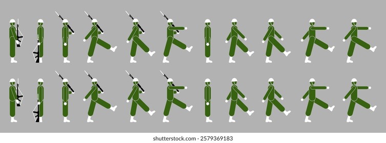 Icon of soldiers marching with weapons. Flat vector design.