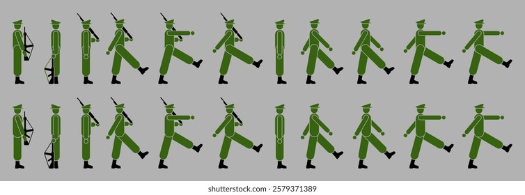 Icon of soldiers marching with weapons. Flat vector design.