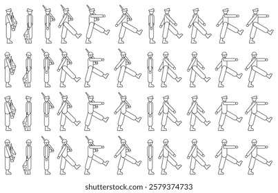Icon of soldiers marching with weapons. Flat vector design.