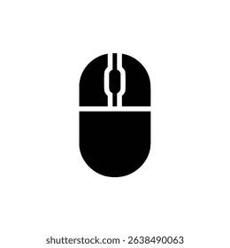 An icon of a solid black computer mouse against a clean white background. The minimalist design illustrates essential digital navigation hardware and connectivity solutions.
