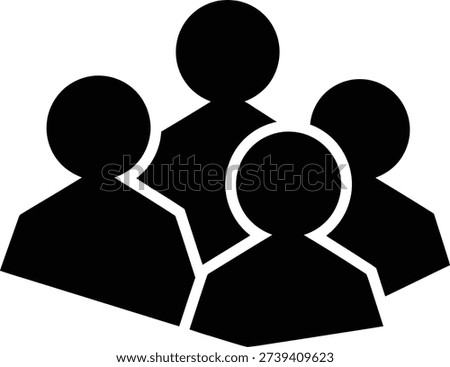 The icon is a solid black glyph depicting a group of four stylized figures Each figure consists of a circle representing the head and a trapezoid for the body The topmost figure is centered above the other three The three lower figures are arranged in a horizontal row partially overlapping each other The figure in the center overlaps with the head of the first person There is no stroke gradient or shadow The composition is centered on a square 1 1 layout The background is white and the icon is flat front view with balanced negative space