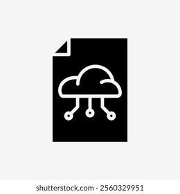 Icon Solid Black Paper file document with Cloud system. Technology and system concept, Glyph style.
