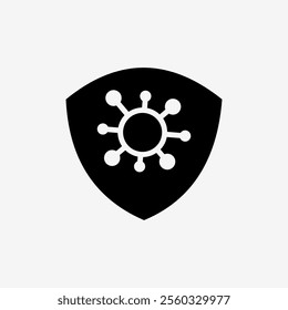 Icon Solid Black Virus protection shield. Technology and system concept, Glyph style.