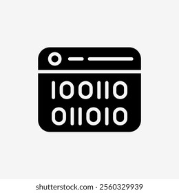 Icon Solid Black web window panel with Binary code. Technology and system concept, Glyph style.