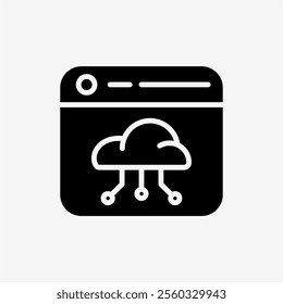 Icon Solid Black web window panel with Cloud system. Technology and system concept, Glyph style.