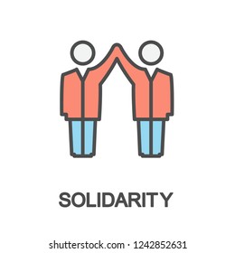 Icon solidarity. Two people squeeze hands high. The thin contour lines with color fills.