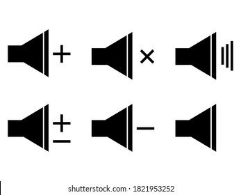 volumen de sonido de iconos arriba y abajo, los altavoces aumentan, disminuyen y mutan, de color negro sobre fondo blanco.  logotipo simple y plano para juego o aplicación web 
