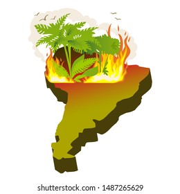 An icon of a South America continent with forest fire in Amazon area, vector image, eps10