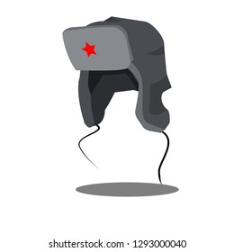 Icon of the Soviet Russian winter hat with earflaps with a star on a red background. Vector Icon