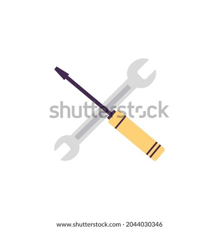 Icon of spanner and screwdriver with yellow handle. Screw driver and wrench for repair and maintenance in workshop. Metal tools. Flat cartoon isolated vector illustration