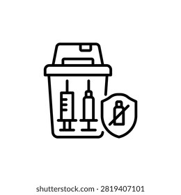 An icon of a specific type of secure, lockable container, typically yellow, conceptually for used syringes, needles, and other sharp medical waste. A hand drops a syringe into the secure slot.
