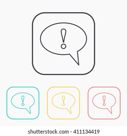 Icon of speech bubble with exclamation mark, vector illustration