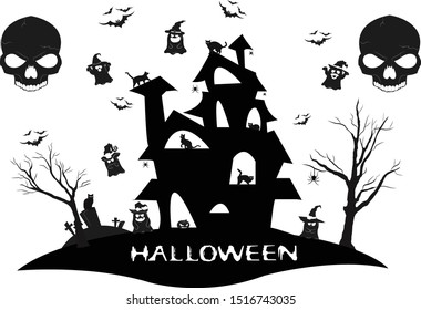 icon and spooky elements for halloween decorations, silhouettes, sketch, icon, sticker. Hand drawn vector illustration
