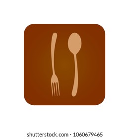 Icon of a spoon and fork on a brown square. Designation of a cafe, restaurant, canteen, snack bar