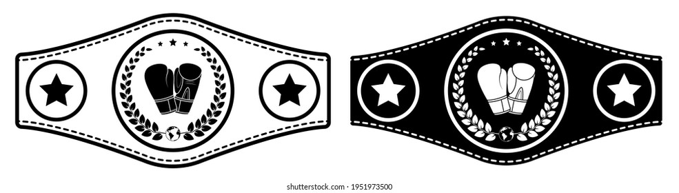 icon, sport belt of boxing champion, kickboxing tournament winner with gloves and laurel wreath emblem in center. Vector svg