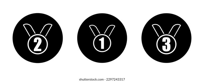 Icon with sport medal for celebration victory. Champion reward. First, second and third place. Vector illustration of gold, silver and bronze medal.