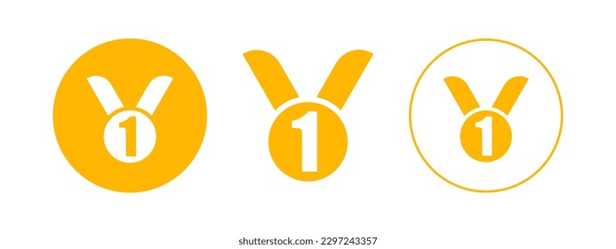Icon with sport medal for celebration victory. Champion reward. First place. Vector illustration of gold medal.
