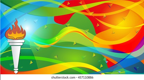 Icon sport torch with colorful wavy stripes. Championship icon, a symbol of victory. Isolated vector illustration.Abstract colorful background with wave, Champions flame.