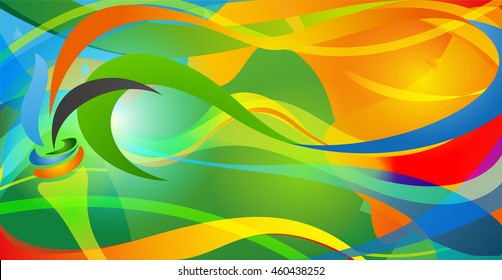 Icon sport torch with colorful wavy stripes. Championship icon, a symbol of victory. Isolated vector illustration.Abstract colorful background with wave, Champions flame.