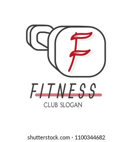 Icon of sports dumbbell with red symbol F. Emblem for fitness. Vector