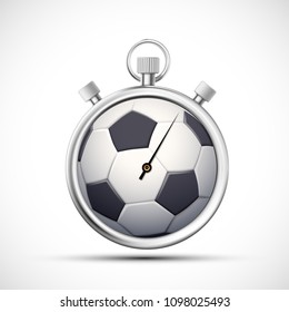 Icon sports stopwatch with a soccer ball on the stadium lawn. Logo football competitions. Stock vector illustration.