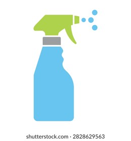 Icon of a spray bottle with green nozzle spraying blue liquid, cleaning concept