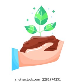 Icon. sprout. Green leaves. Ecology. The hand holds a seedling. Modern bright. Shiny icon. Flat style. Object on a white background.