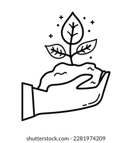 Icon. Sprouts. The hand holds the leaves. Linear style. Modern flat. Ecology. Clean planet.