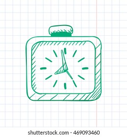 Icon of Square Alarm Clock with Three Hands Twelve Hour Marks and Button - Green Ink Pen on Checked Old Copybook Sheet Background - Quick Sketch Handdrawn Style