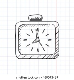 Icon of Square Alarm Clock with Three Hands Twelve Hour Marks and Button - Black Ink Pen on Checked Old Copybook Sheet Background - Quick Sketch Handdrawn Style