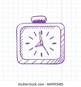 Icon of Square Alarm Clock with Three Hands Twelve Hour Marks and Button - Violet Ink Pen on Checked Old Copybook Sheet Background - Quick Sketch Handdrawn Style