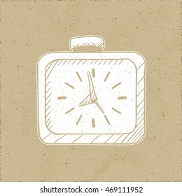Icon of Square Alarm Clock with Three Hands Twelve Hour Marks and Button - White Permanent Marker on Rough Paper Illusion Background - Quick Sketch Handdrawn Style