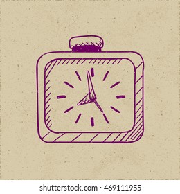 Icon of Square Alarm Clock with Three Hands Twelve Hour Marks and Button - Violet Permanent Marker on Rough Paper Illusion Background - Quick Sketch Handdrawn Style