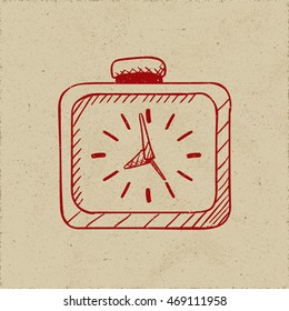 Icon of Square Alarm Clock with Three Hands Twelve Hour Marks and Button - Dark Red Permanent Marker on Rough Paper Illusion Background - Quick Sketch Handdrawn Style
