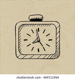 Icon of Square Alarm Clock with Three Hands Twelve Hour Marks and Button - Black Permanent Marker on Rough Paper Illusion Background - Quick Sketch Handdrawn Style