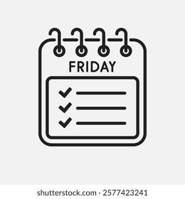 Icon square page calendar day of week - Friday. Daily to-do list and checklist. Vector simple pictogram shopping check list. Template calendar for schedule, planning purchase for month